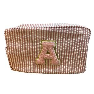 Pink Striped Seersucker "A" Cosmetic Bag | Zipper Makeup Pouch